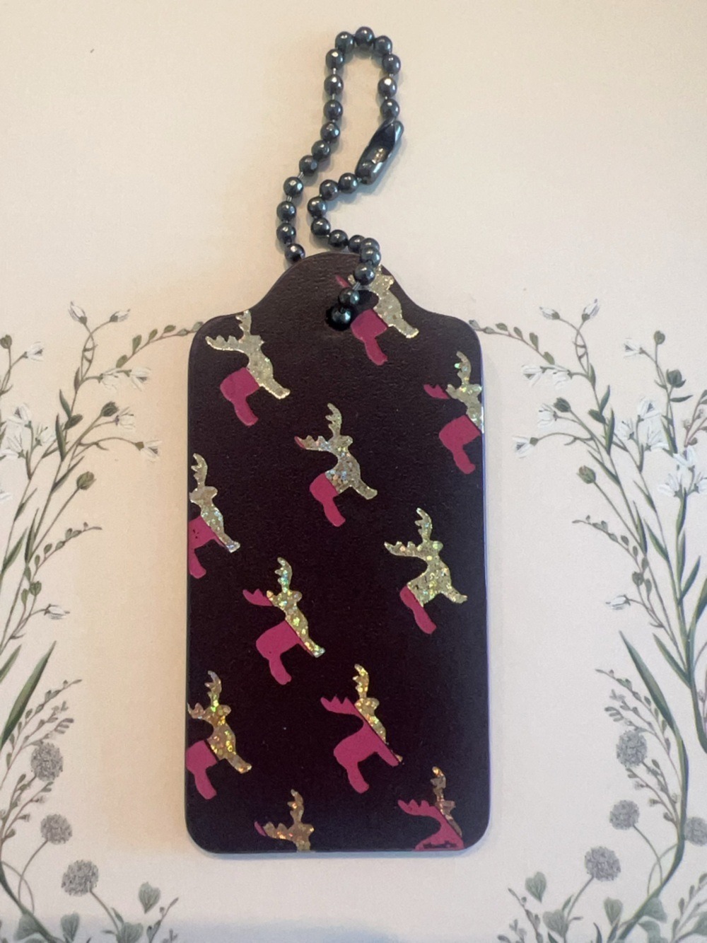 Coach Leather Bag Tag Charm - Glitter Reindeer Pink Boots Holida Christmas -Firm
